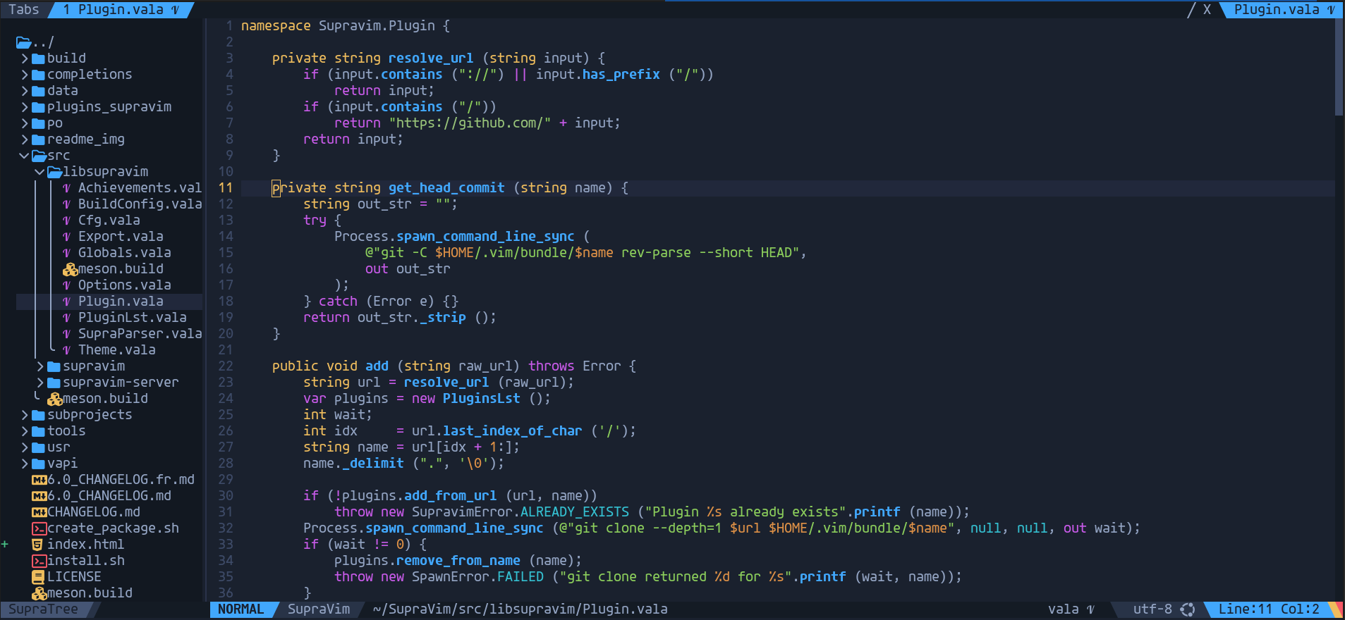 SupraVim editing a Vala file: SupraTree sidebar on the left, syntax-highlighted code and the powerline statusline