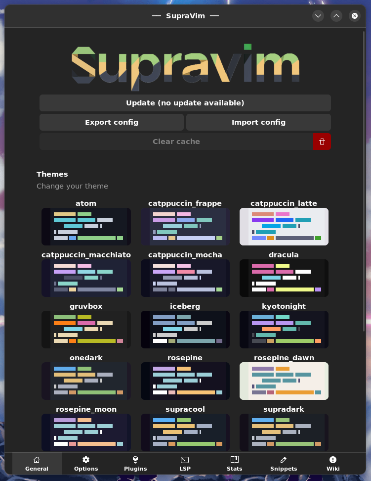 The theme picker showing preview swatches for atom, catppuccin, dracula, gruvbox, iceberg and others