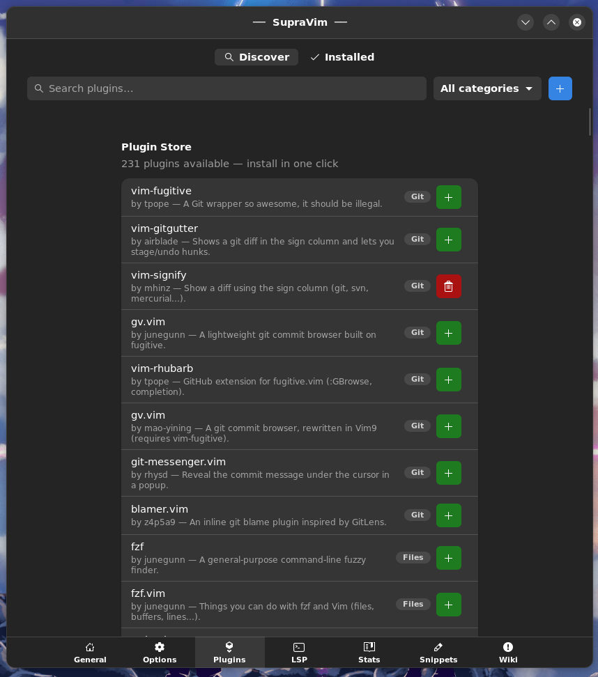 The SupraVim plugin store listing vim-fugitive, vim-gitgutter, fzf and others with one-click install buttons