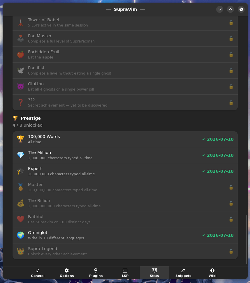 The achievements list showing unlocked and locked entries with unlock dates