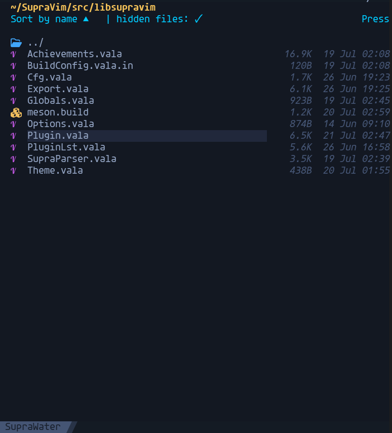 SupraWater listing a directory with file sizes and modification dates, editable like a buffer